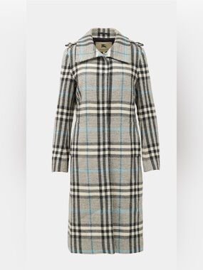 Burberry Cream, Black & Light Blue Plaid Long coat